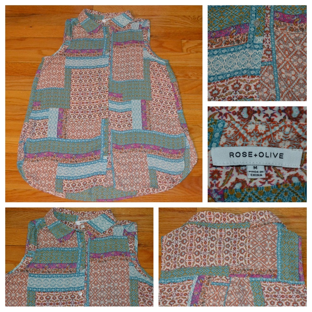 Women’s Rose & Olive Patchwork Button Down Blouse… - image 1